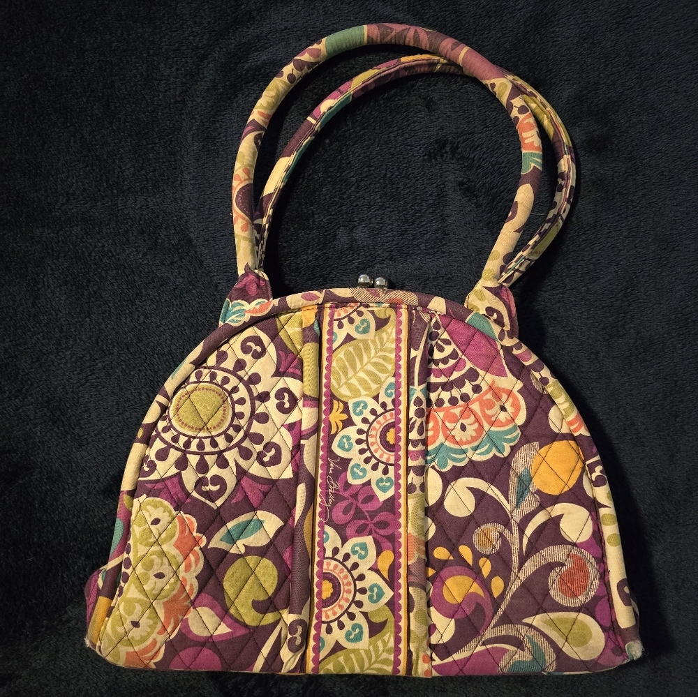 VERA BRADLEY 13”x 10”x 4” Carpet Bag Quilted Handbag Bag Purse Fuchsia Green